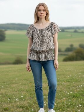 Max Edition Taupe Printed Peasant Blouse